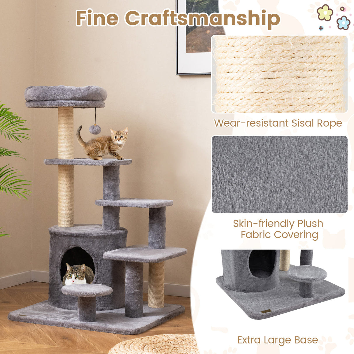 40 Inch Multi-level Cat Tower with Condo and Dangling Jingle Ball-Gray