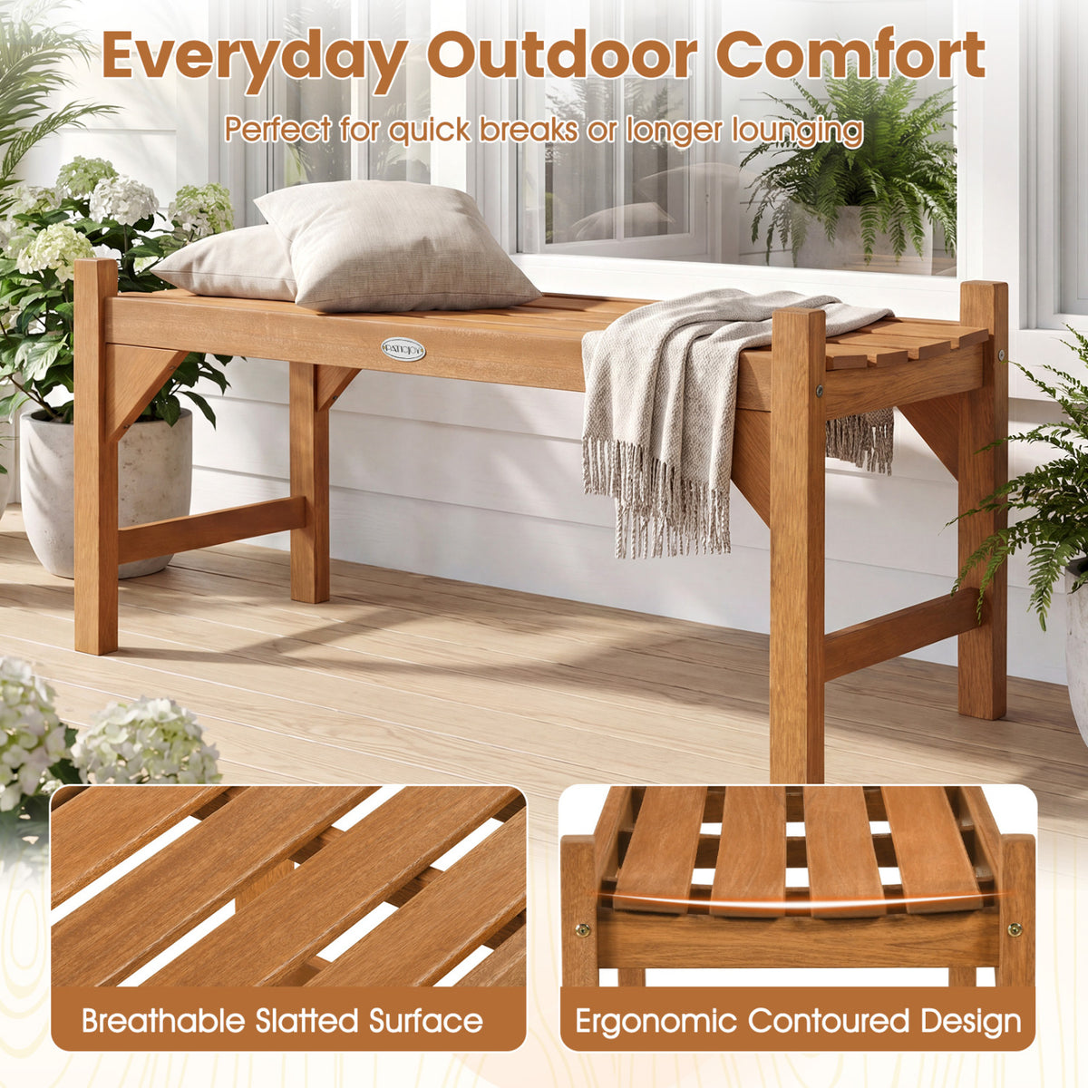 40 Inch Outdoor Bench with Slatted Contoured Seat for Deck Entryway-1 Piece