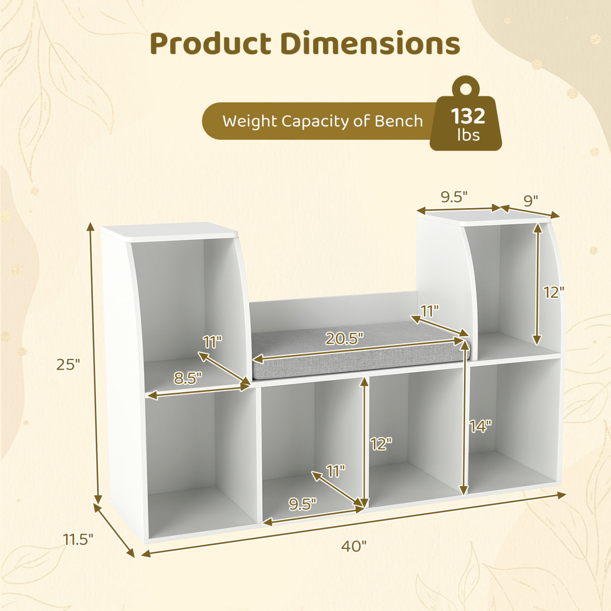 40 Inches Kids Bookshelf with Reading Nook Bookcase with 6 Open Cubes-White