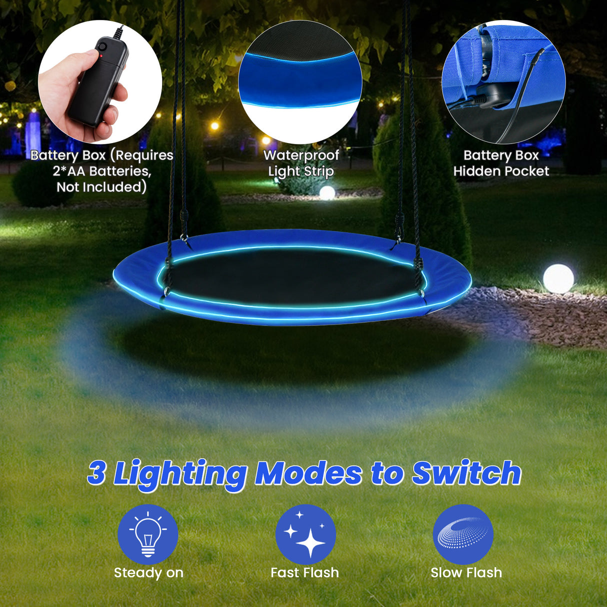 40 Inches Saucer Tree Swing Round with Lights for Kids and Adults-Navy