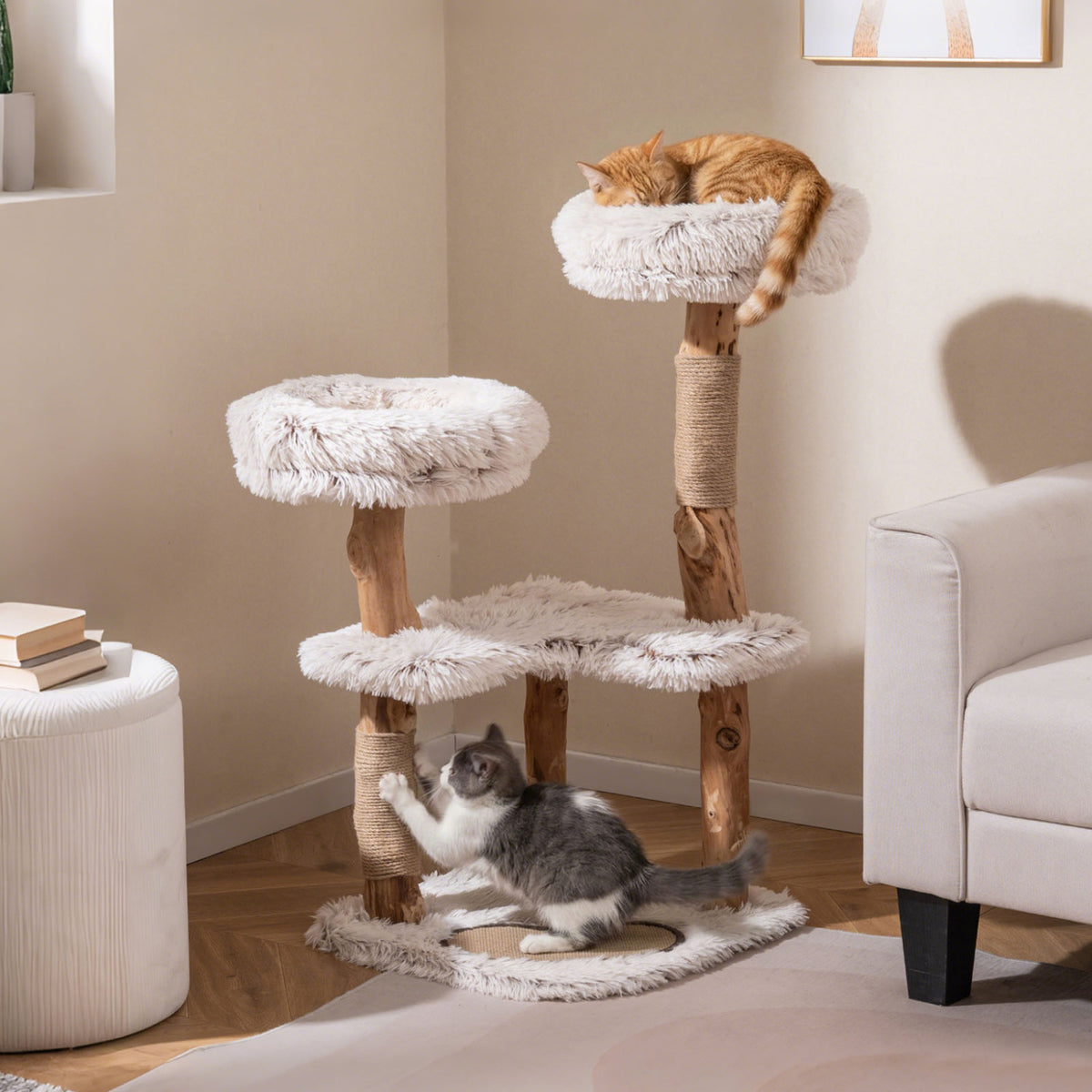 40†Modern Cat Tree Tower with Luxury Real Wood Natural Branch and 2 Padded Perches for Pets-White