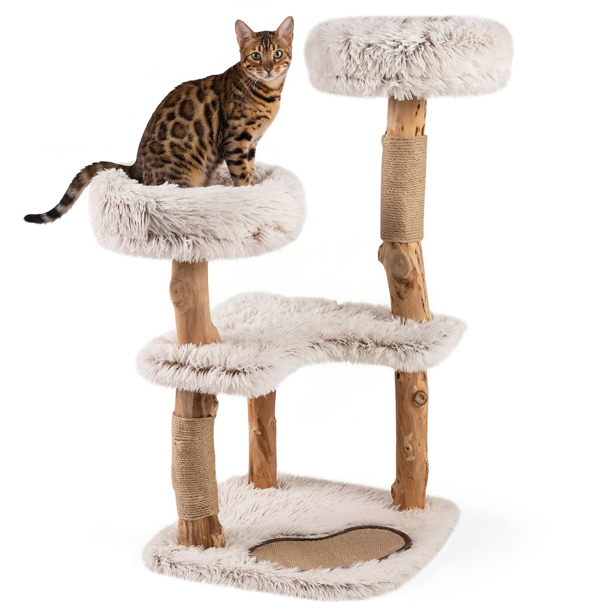 40†Modern Cat Tree Tower with Luxury Real Wood Natural Branch and 2 Padded Perches for Pets-White