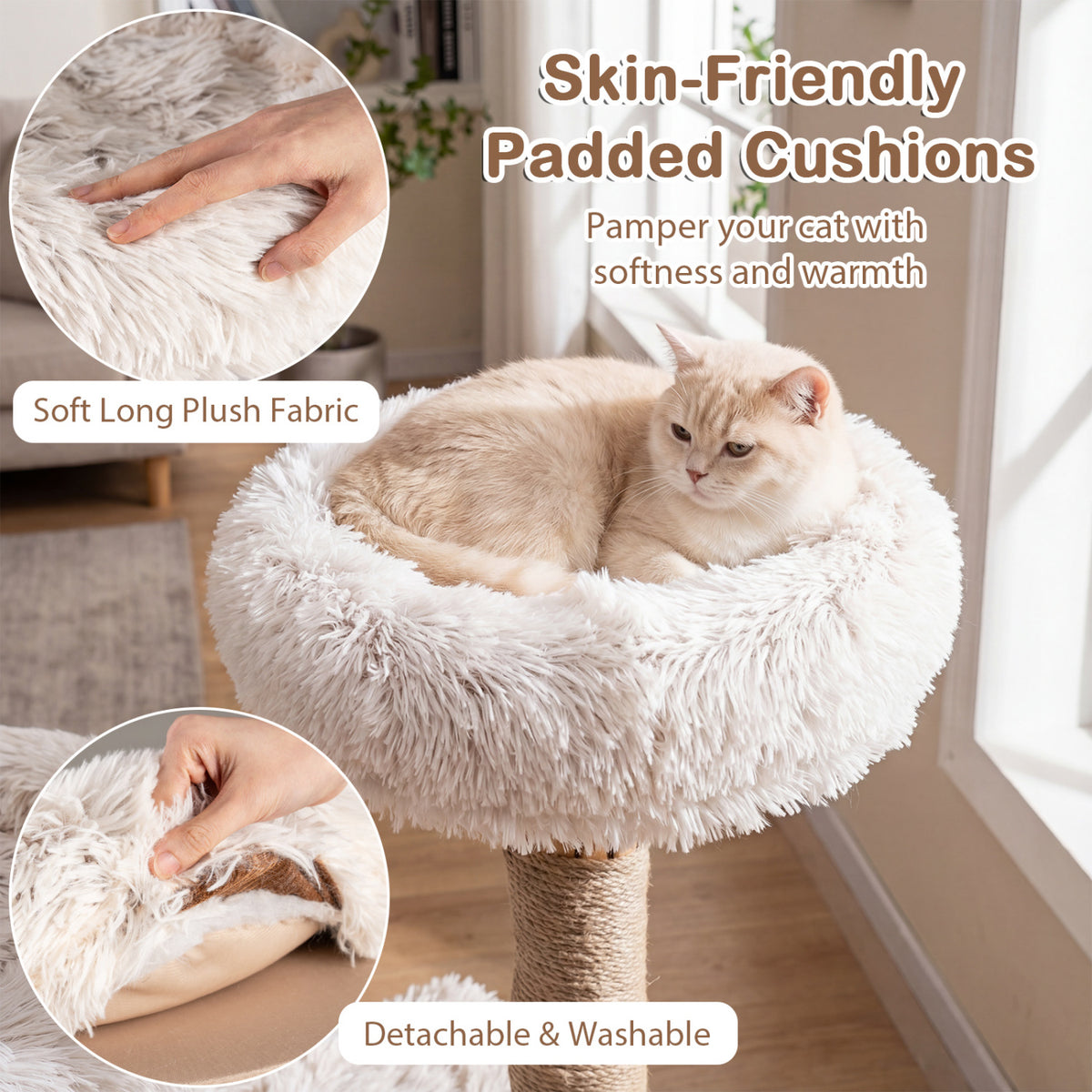 40†Modern Cat Tree Tower with Luxury Real Wood Natural Branch and 2 Padded Perches for Pets-White