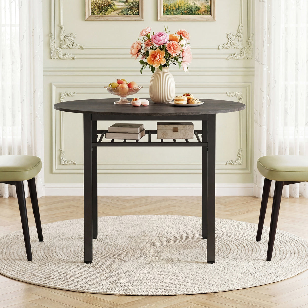40 Round Kitchen Table with Storage Shelf and Metal Frame for 4 People-Gray