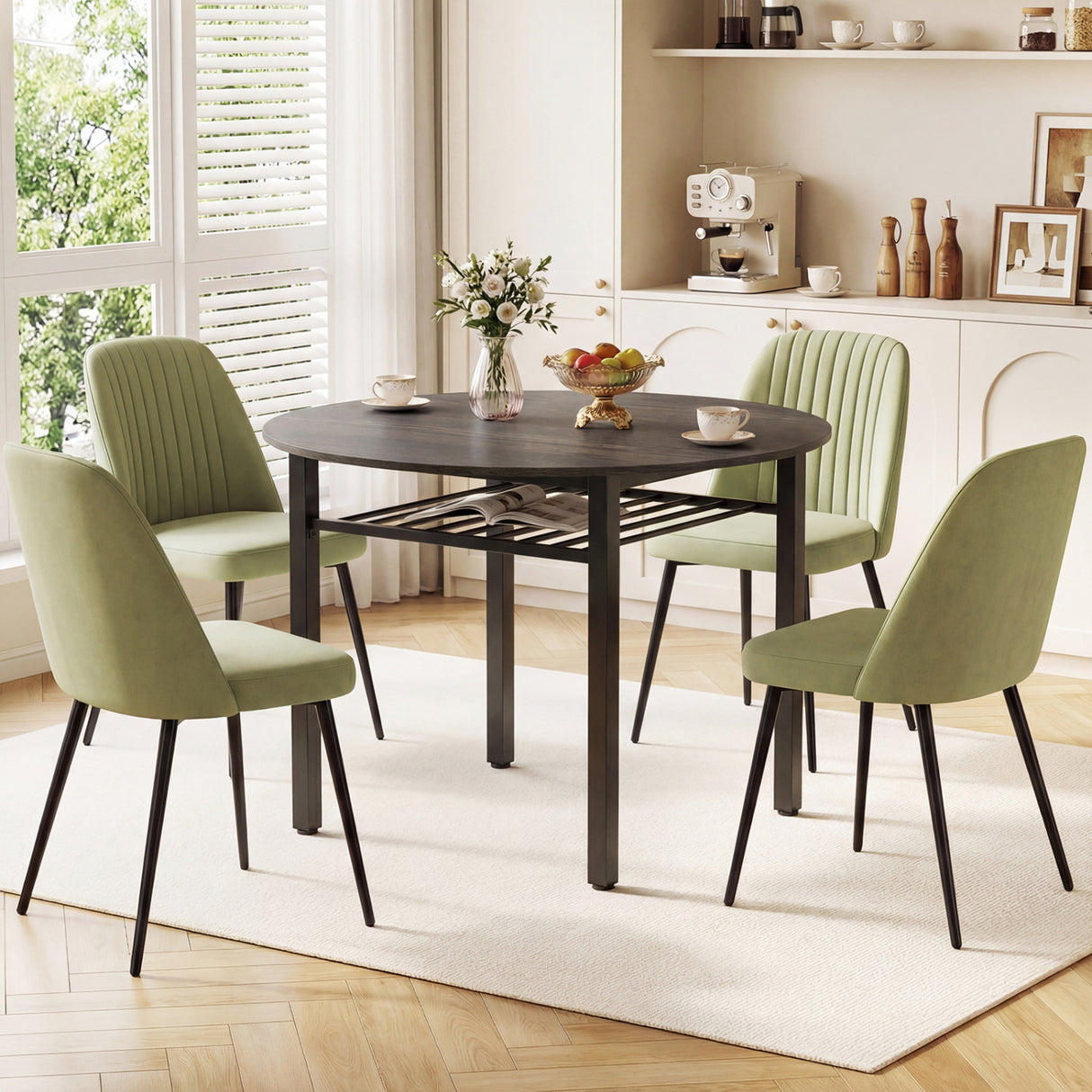 40” Round Kitchen Table with Storage Shelf and Metal Frame for 4 People-Gray
