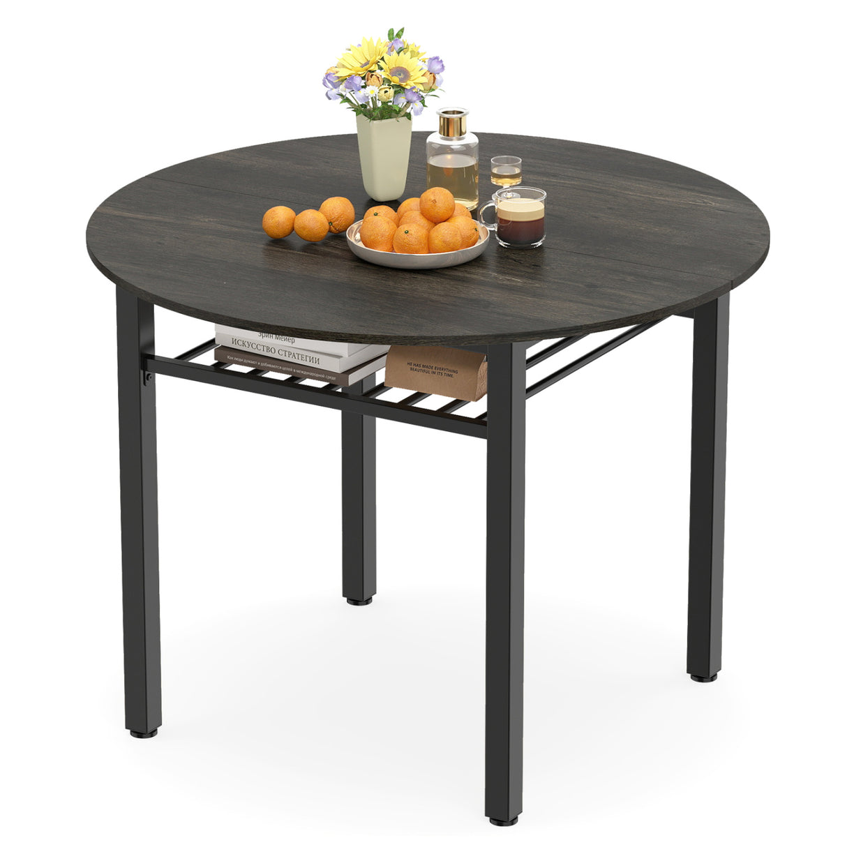 40 Round Kitchen Table with Storage Shelf and Metal Frame for 4 People-Gray