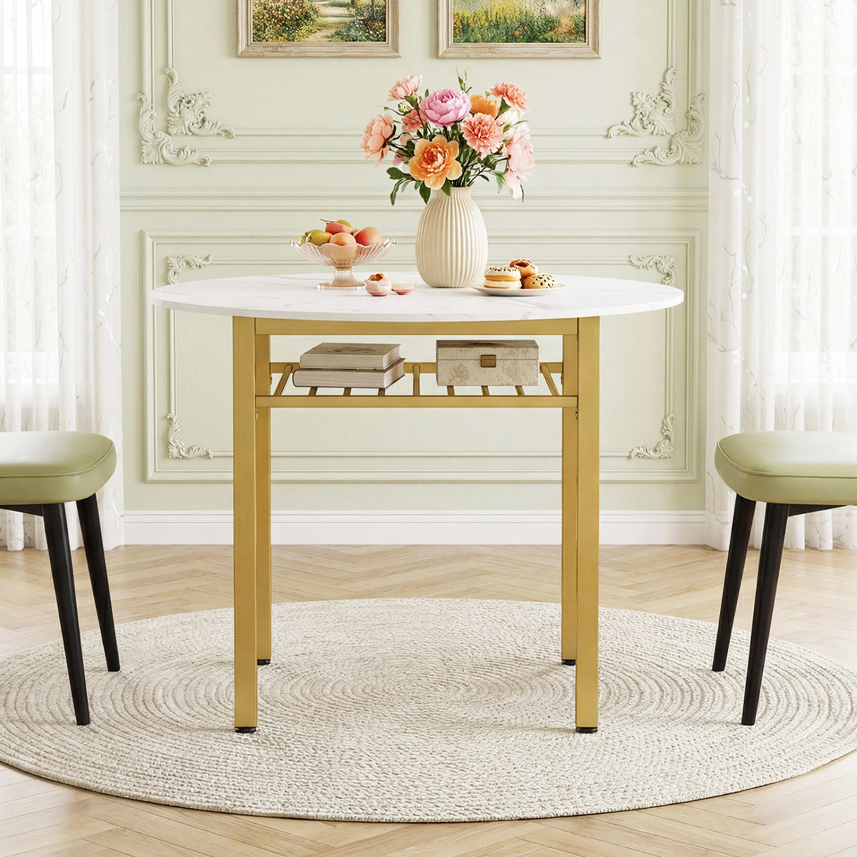 40” Round Kitchen Table with Storage Shelf and Metal Frame for 4 People-White