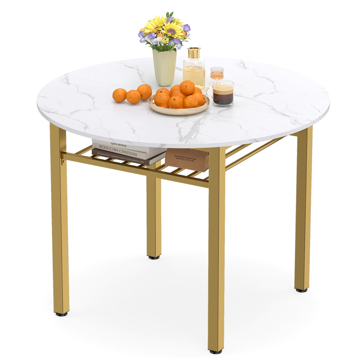 40 Round Kitchen Table with Storage Shelf and Metal Frame for 4 People-White