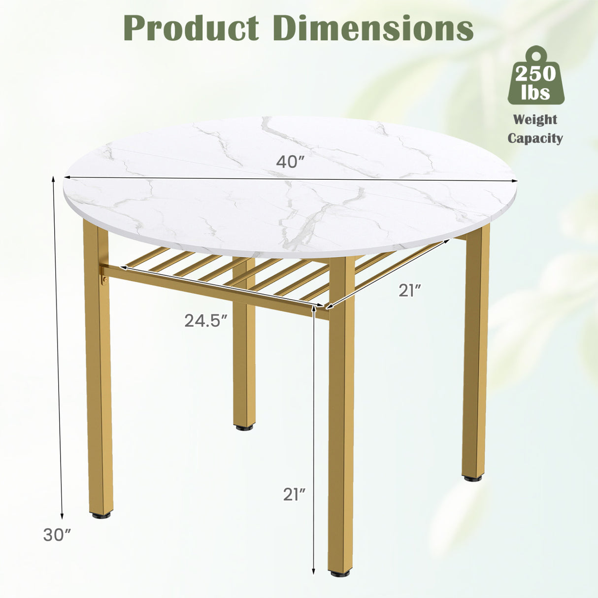 40” Round Kitchen Table with Storage Shelf and Metal Frame for 4 People-White