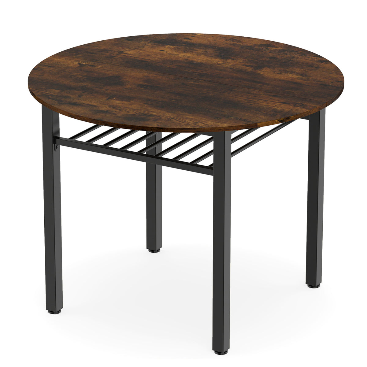 40†Round Kitchen Table with Storage Shelf and Metal Frame for 4 People-Rustic Brown