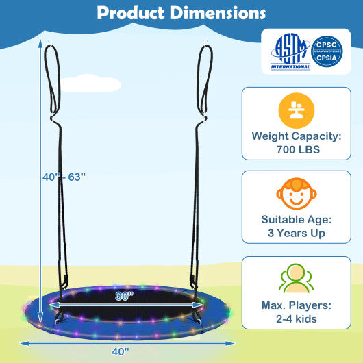 40 Inches Saucer Tree Swing Round with Lights for Kids and Adults-Blue