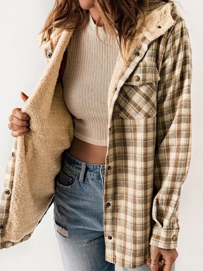 Plaid Snap Down Plush Hooded Jacket Soft & Warm Women Outerwear Cozy And Comfortable Jacket