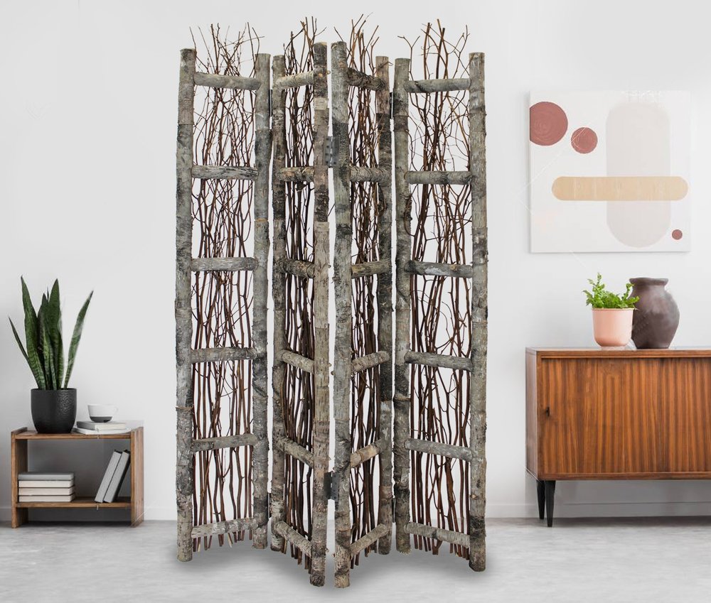 64" Brown Solid Wood Folding Four Panel Screen Room Divider
