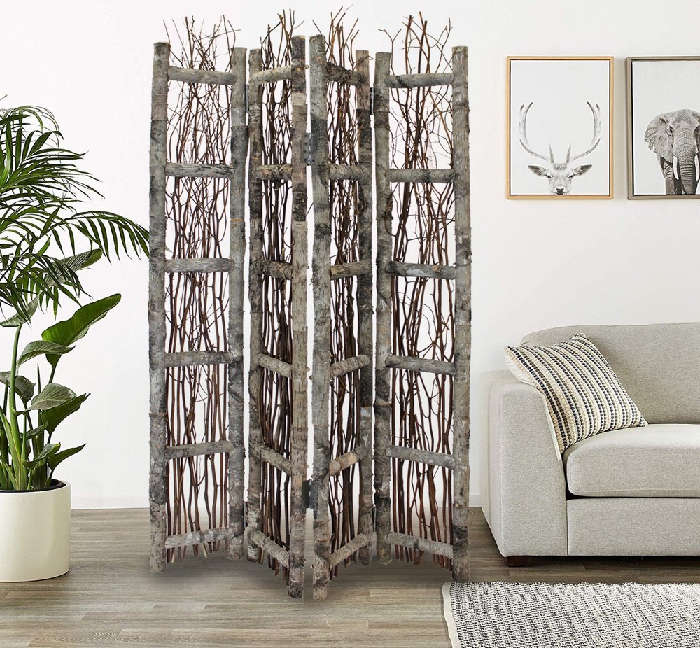 64" Brown Solid Wood Folding Four Panel Screen Room Divider