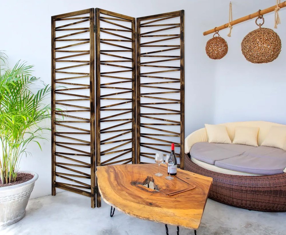 72" Brown Folding Three Panel Screen Room Divider
