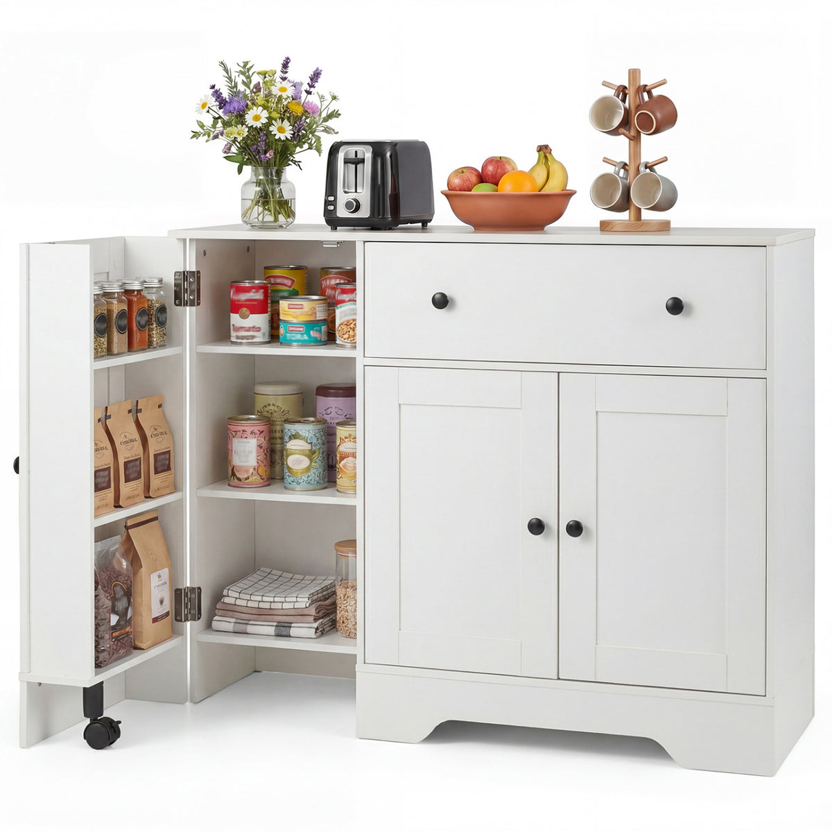 41.5†Modern Coffee Bar Cabinet with 3 Doors and Rolling Wheel-White