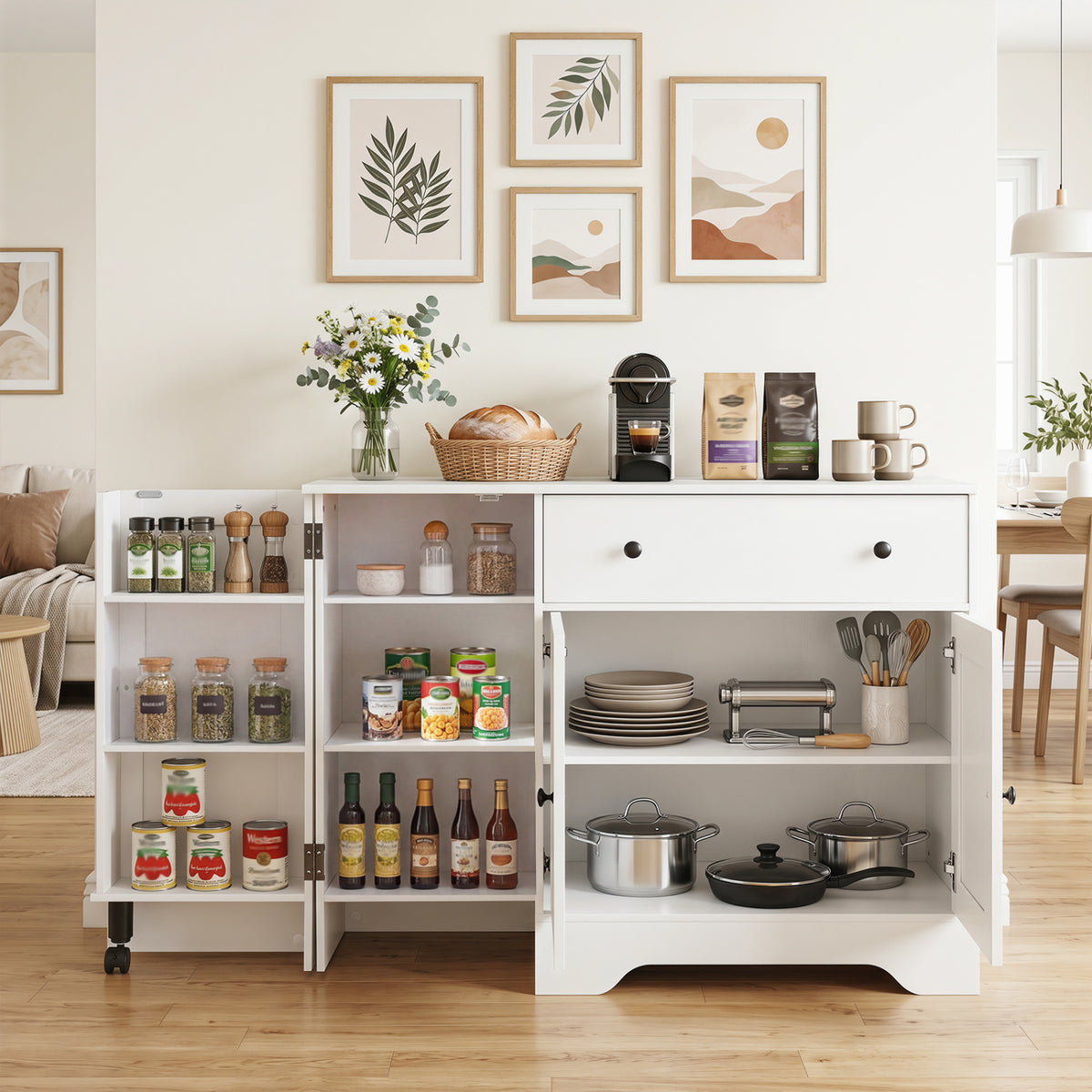 41.5†Modern Coffee Bar Cabinet with 3 Doors and Rolling Wheel-White