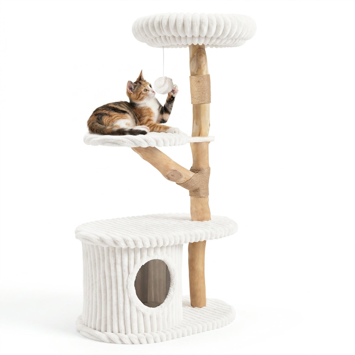 41 Inch Tall Modern Cat Tower with Real Wood Branches Scratching Posts for Indoor-Beige