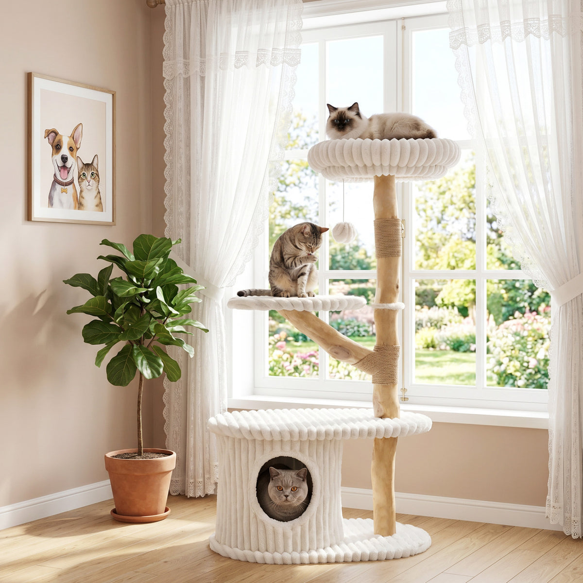 41 Inch Tall Modern Cat Tower with Real Wood Branches Scratching Posts for Indoor-Beige