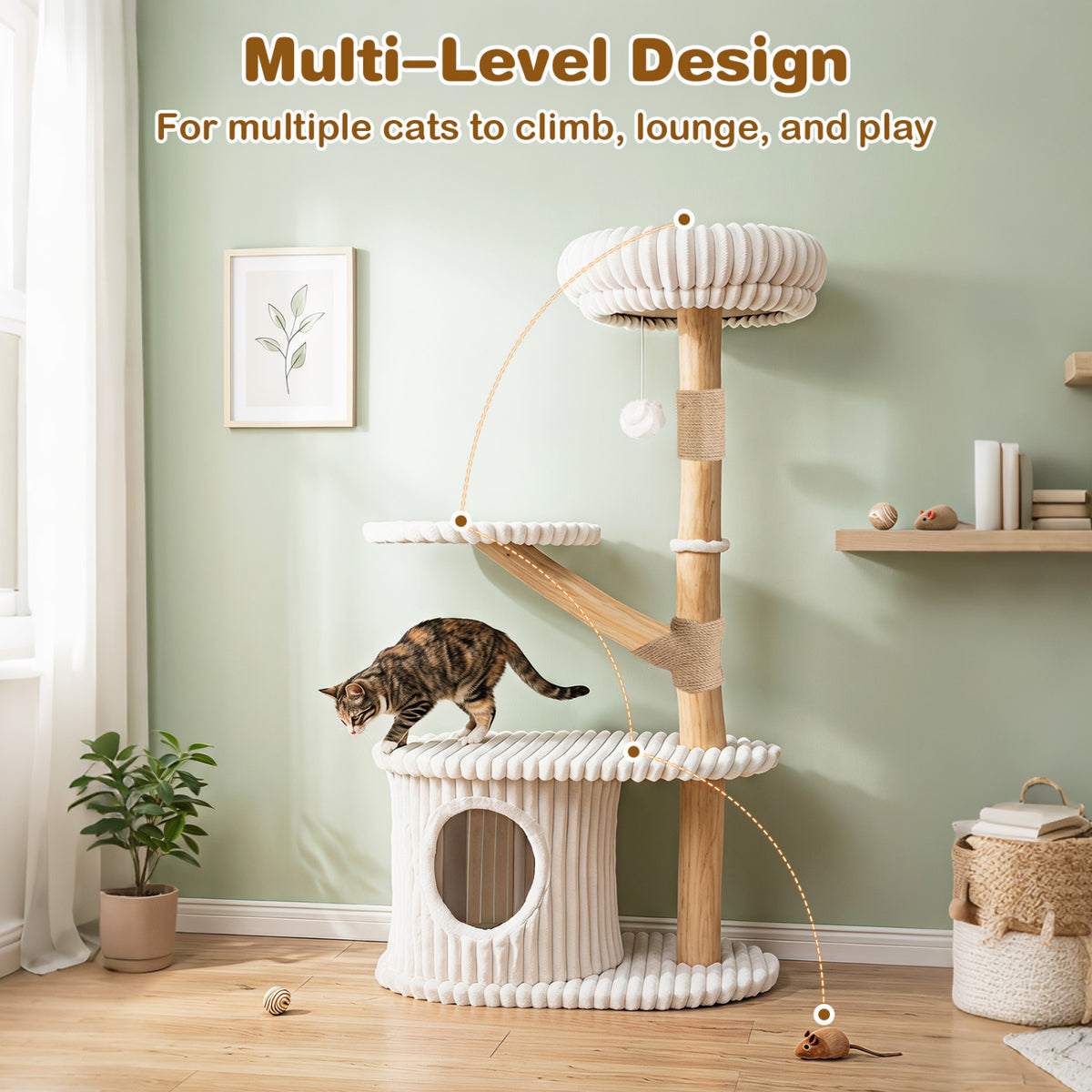 41 Inch Tall Modern Cat Tower with Real Wood Branches Scratching Posts for Indoor-Beige