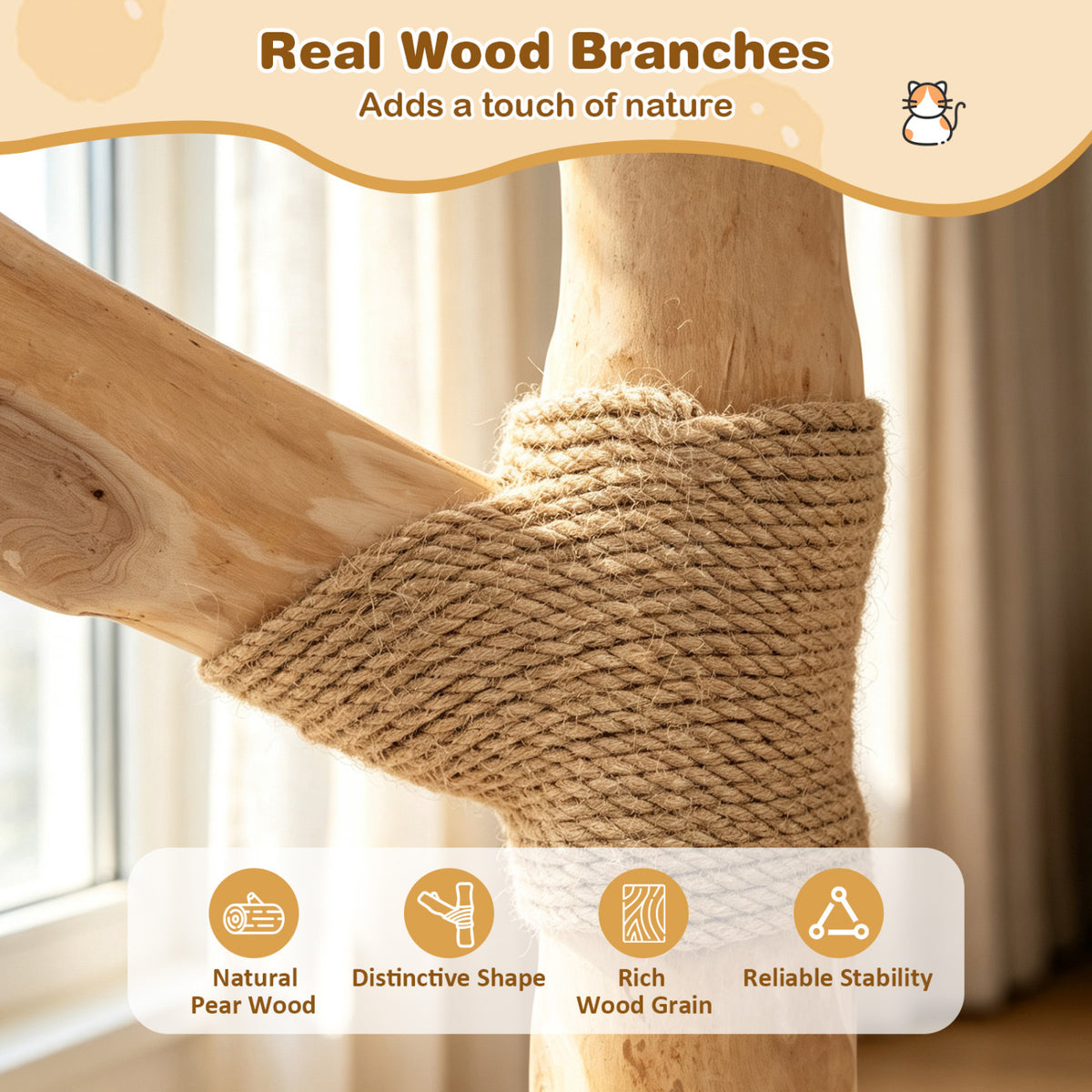 41 Inch Tall Modern Cat Tower with Real Wood Branches Scratching Posts for Indoor-Beige