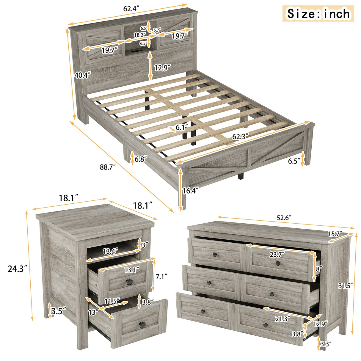 3-Pieces Bedroom Set Queen Size Farmhouse Platform Bed with Storage Headboard and Charging Station