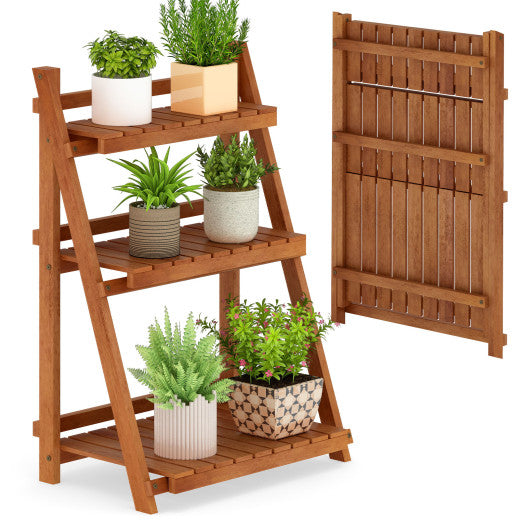 Foldable 3-Tier Solid Wood Plant Stand for Patio Balcony
