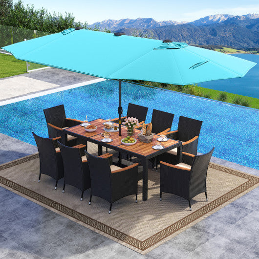 11 Pieces Patio Dining Set with LED Patio Umbrella with Base and Seat Cushions (Beige)-Turquoise