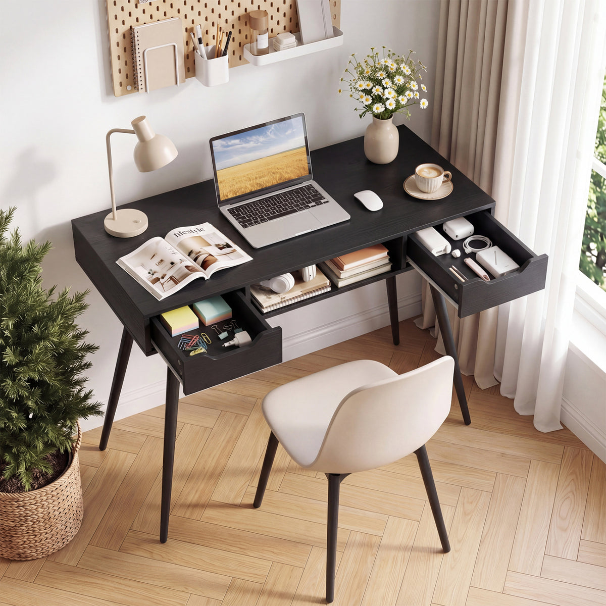 42.5" Mid Century Modern Writing Desk with Metal Leg and Drawers-Black