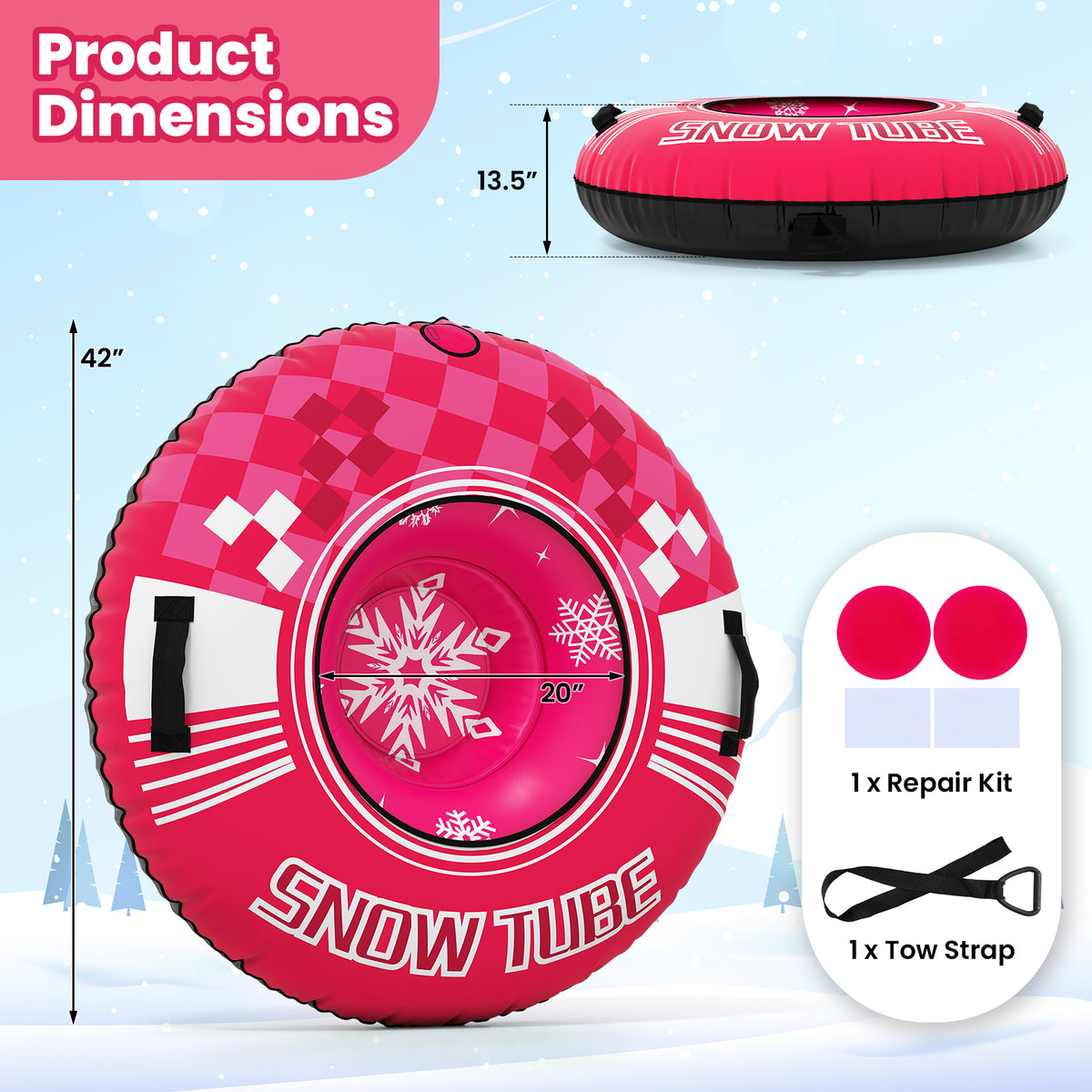 42" Heavy-duty Inflatable Snow Tube with Detachable Tow Strap-Pink