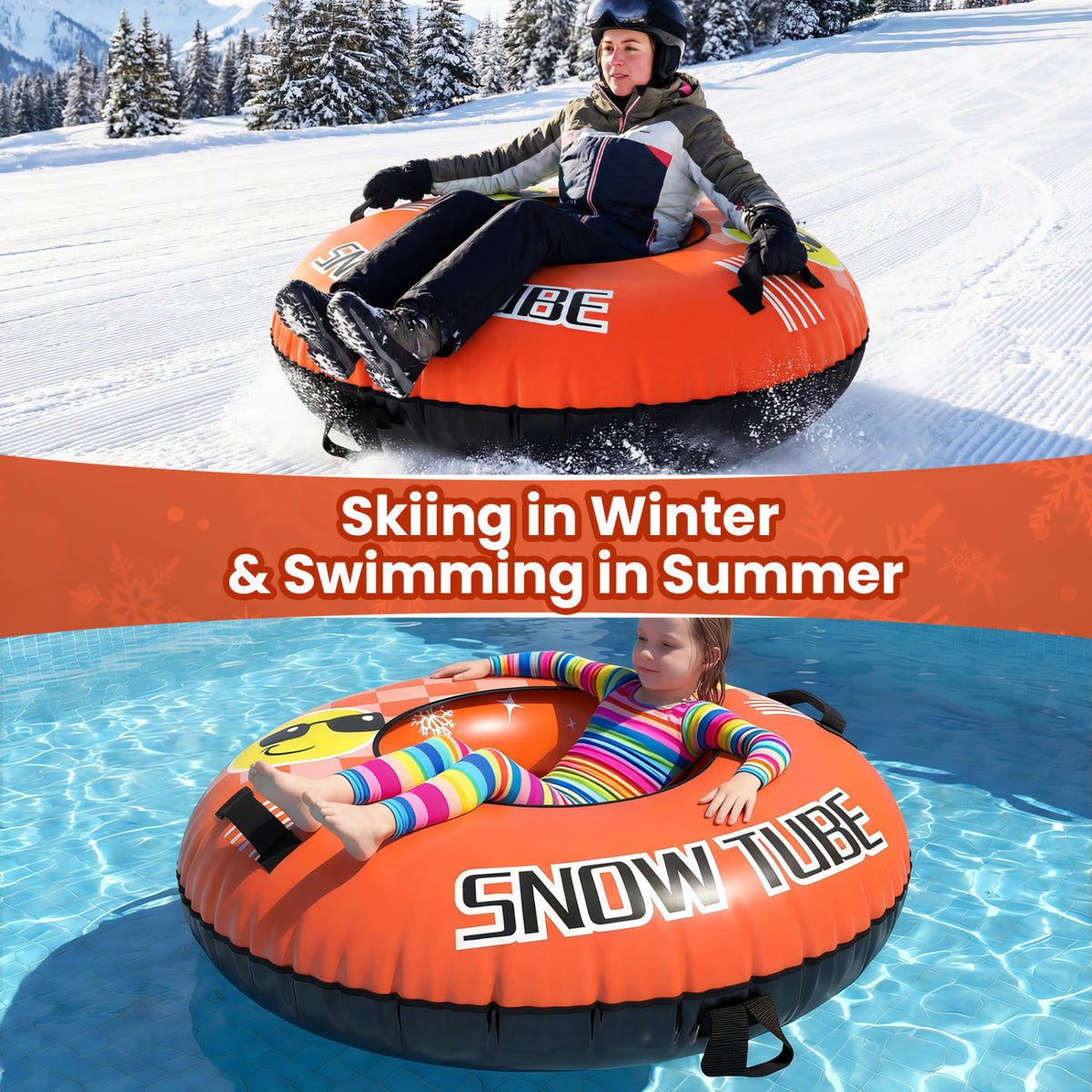 42" Heavy-duty Inflatable Snow Tube with Detachable Tow Strap-Orange