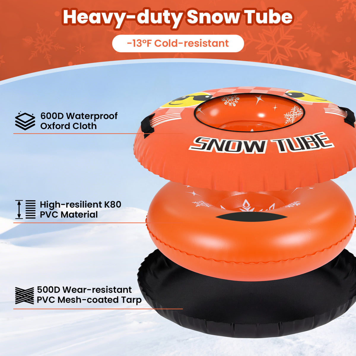 42" Heavy-duty Inflatable Snow Tube with Detachable Tow Strap-Orange