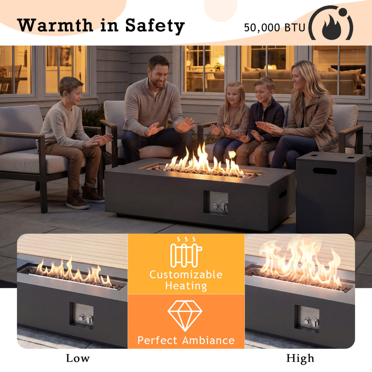 42 Inch 50 000 BTU Outdoor Rectangular Fire Table with Tank Holder