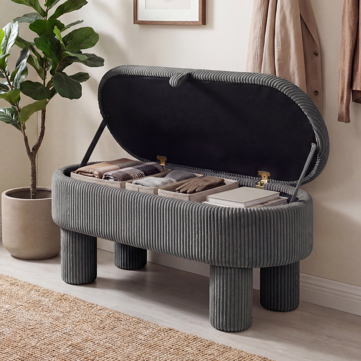42 Inch Storage Ottoman Bench Corduroy Fabric Upholstered Foot Stool-Gray