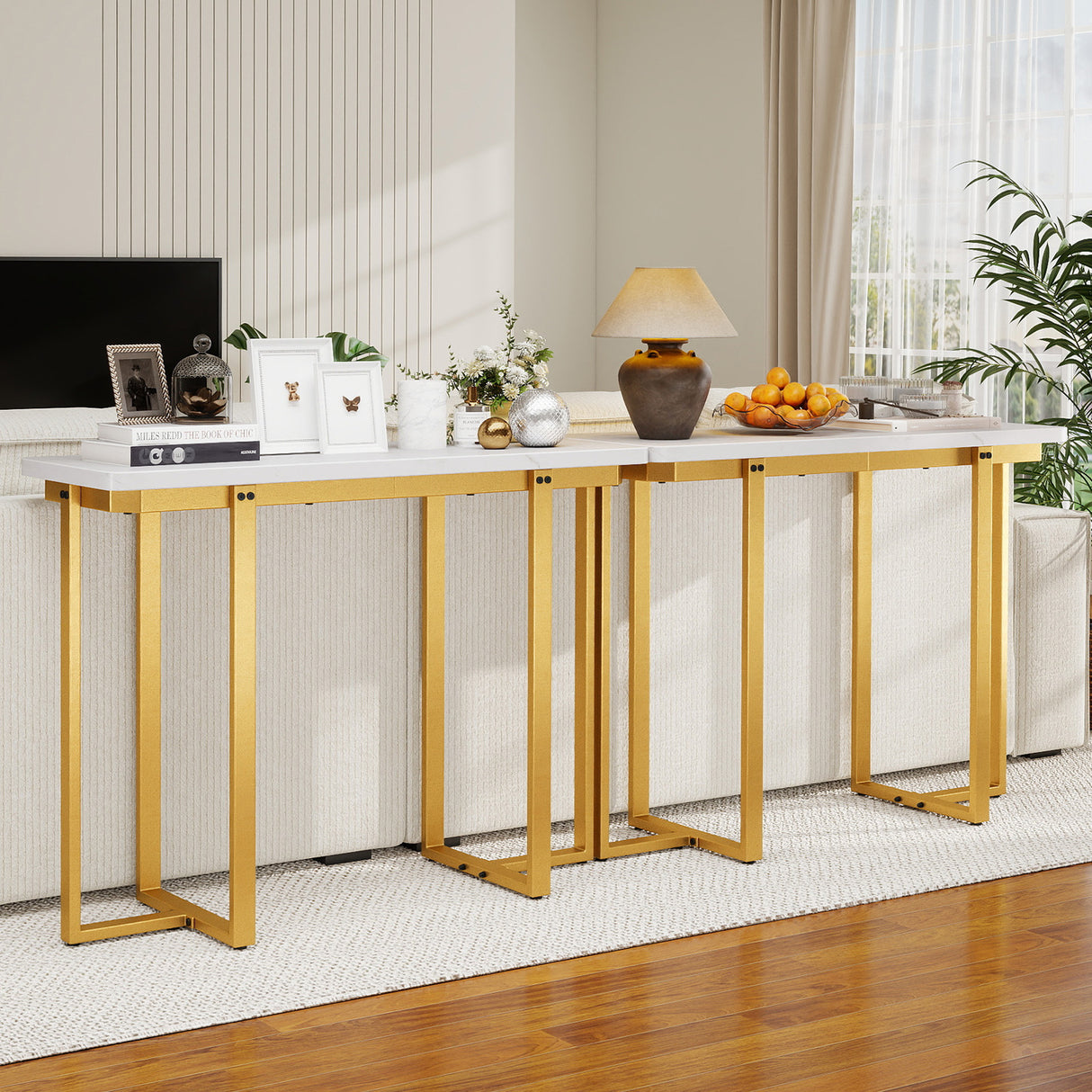 42 Inches Modern Faux Marble Entryway Table with Geometric Metal Frame-White
