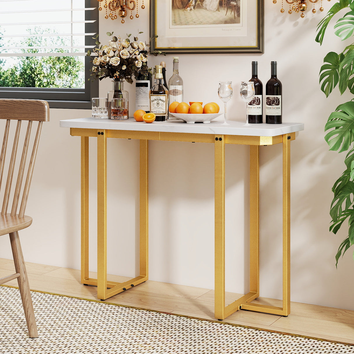 42 Inches Modern Faux Marble Entryway Table with Geometric Metal Frame-White