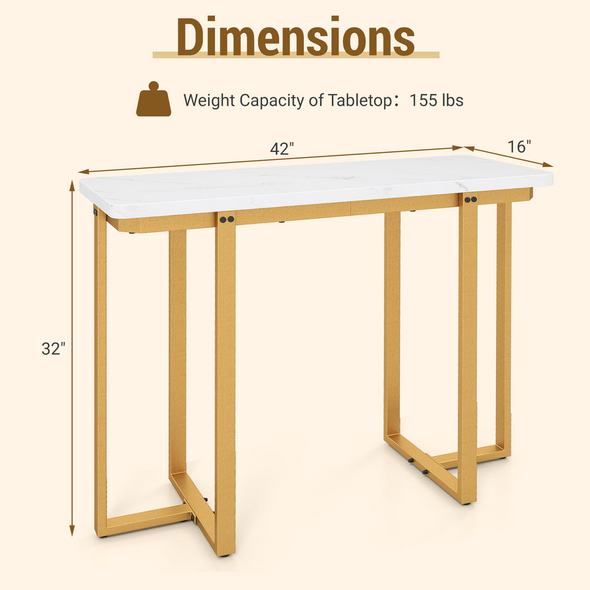 42 Inches Modern Faux Marble Entryway Table with Geometric Metal Frame-White