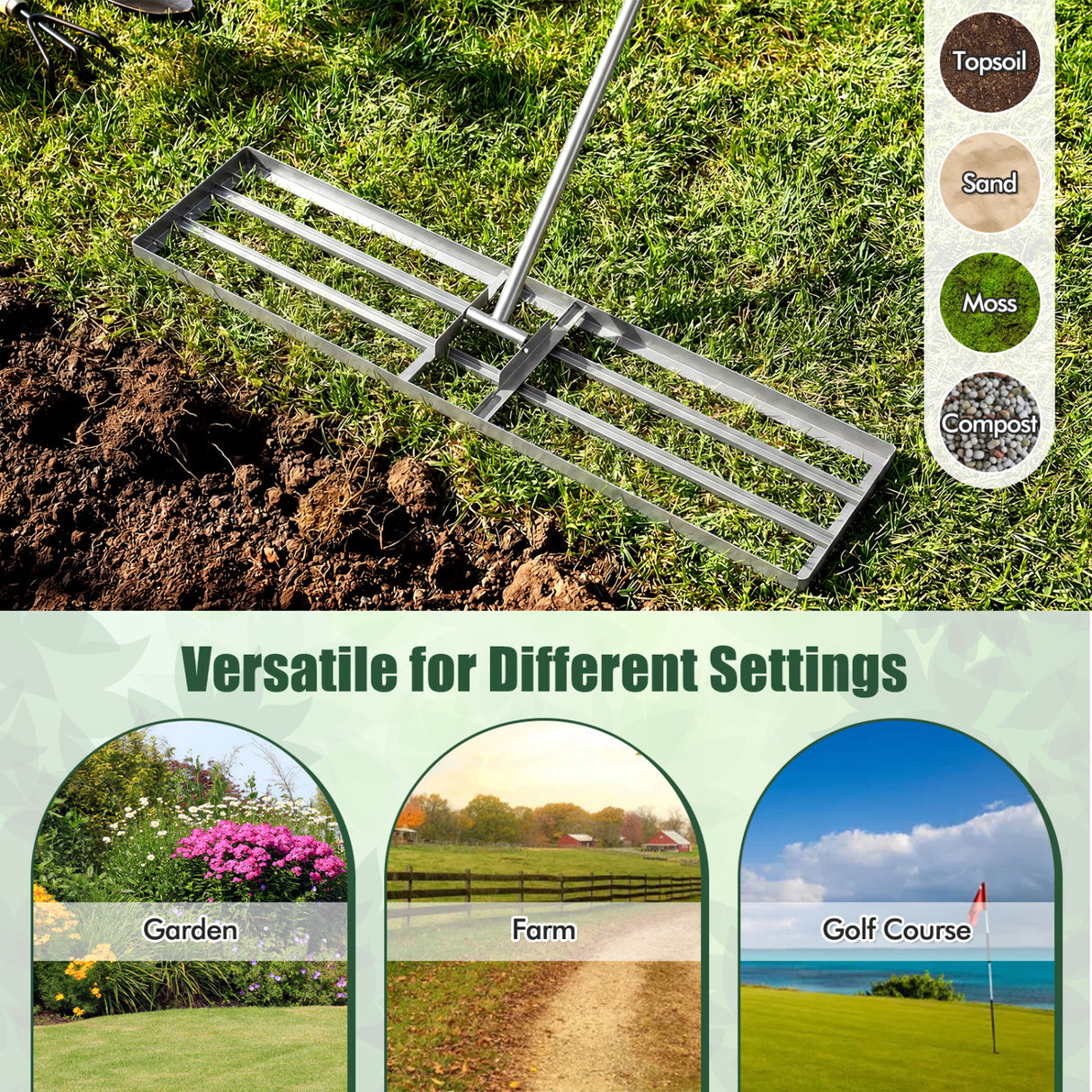 42 x 10 Inch Lawn Leveling Rake with Ergonomic Handle-Silver