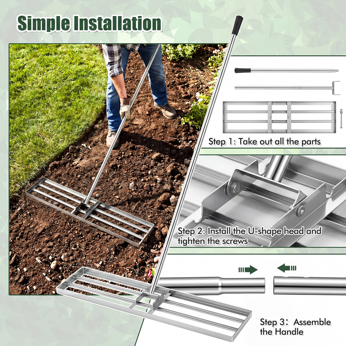 42 x 10 Inch Lawn Leveling Rake with Ergonomic Handle-Silver