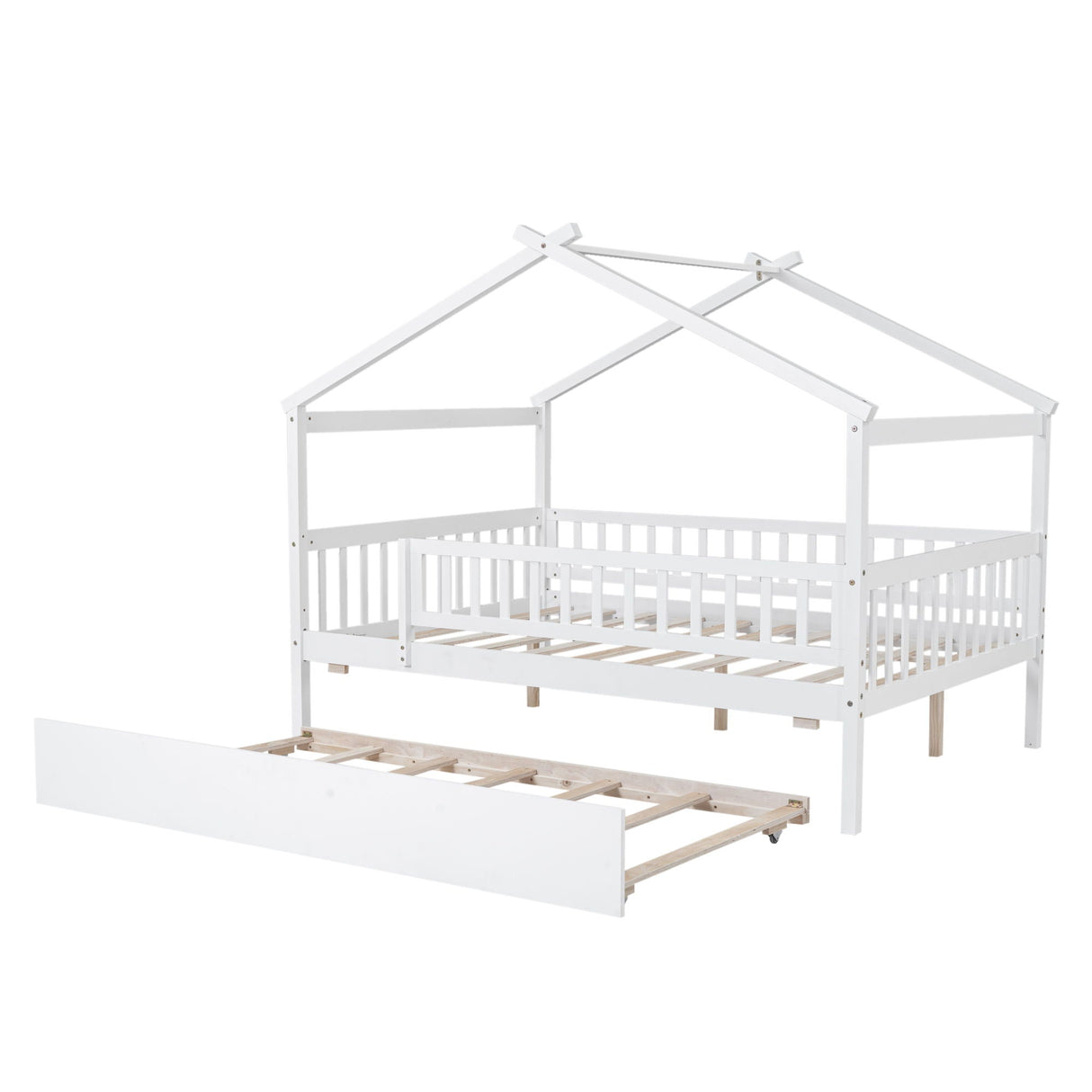 The Creativity House Bed with Twin Size Trundle features a white wooden, house-shaped frame, complete with a slatted base and guardrails.