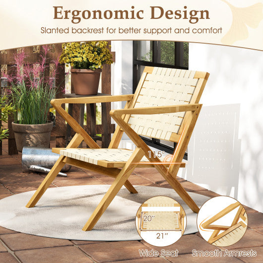 Outdoor and Indoor Teak Wood Patio Chair wuth Webbing Seat and Backrest-Natural