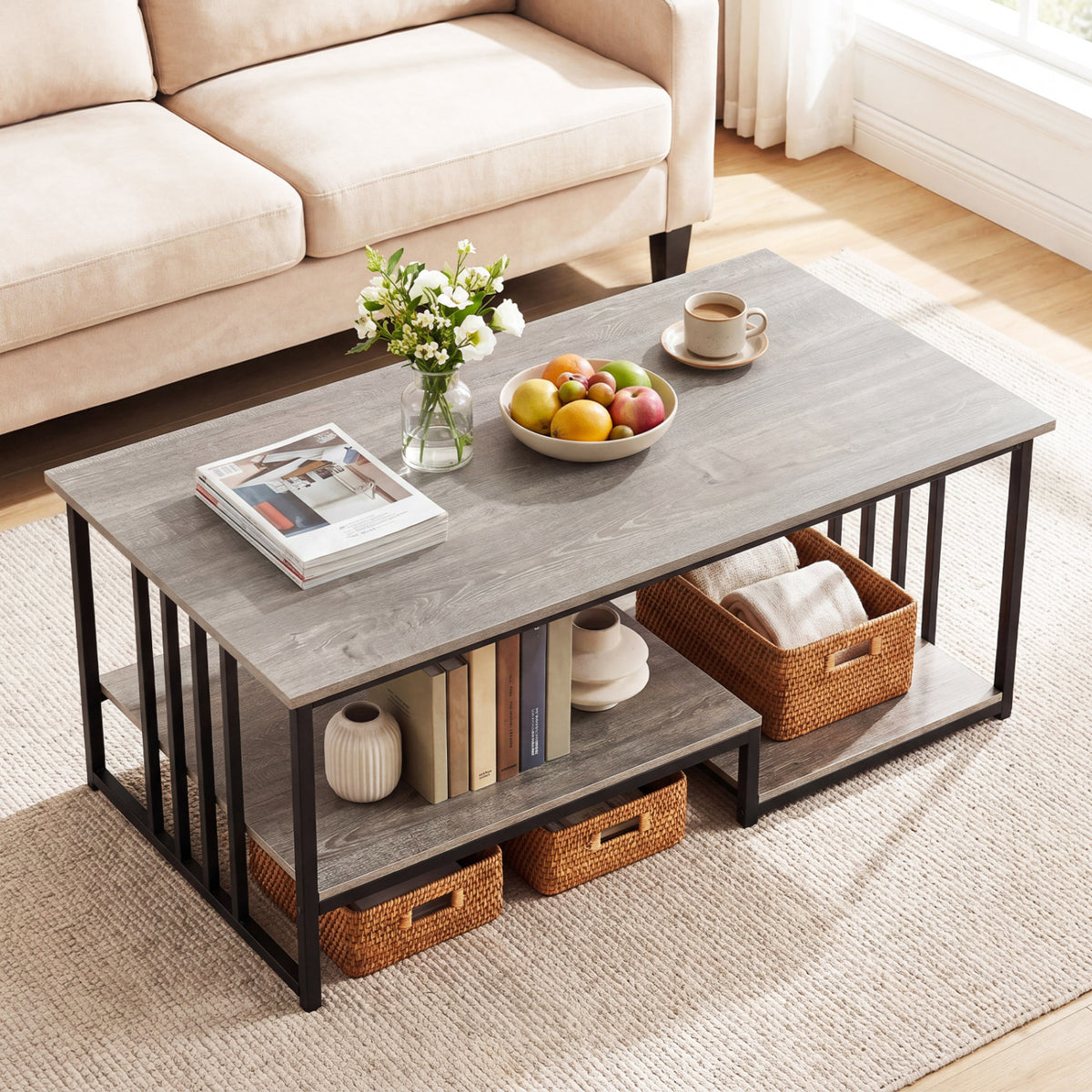 43.5" Coffee Table 2-Tier with Open Storage Shelf-Oak