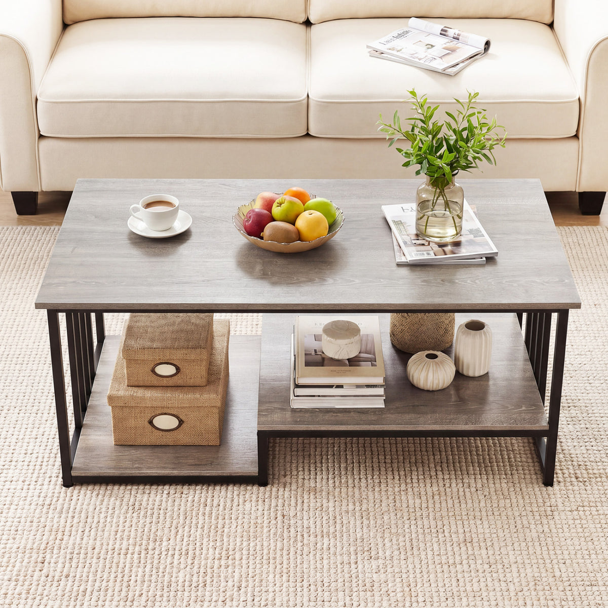 43.5" Coffee Table 2-Tier with Open Storage Shelf-Oak