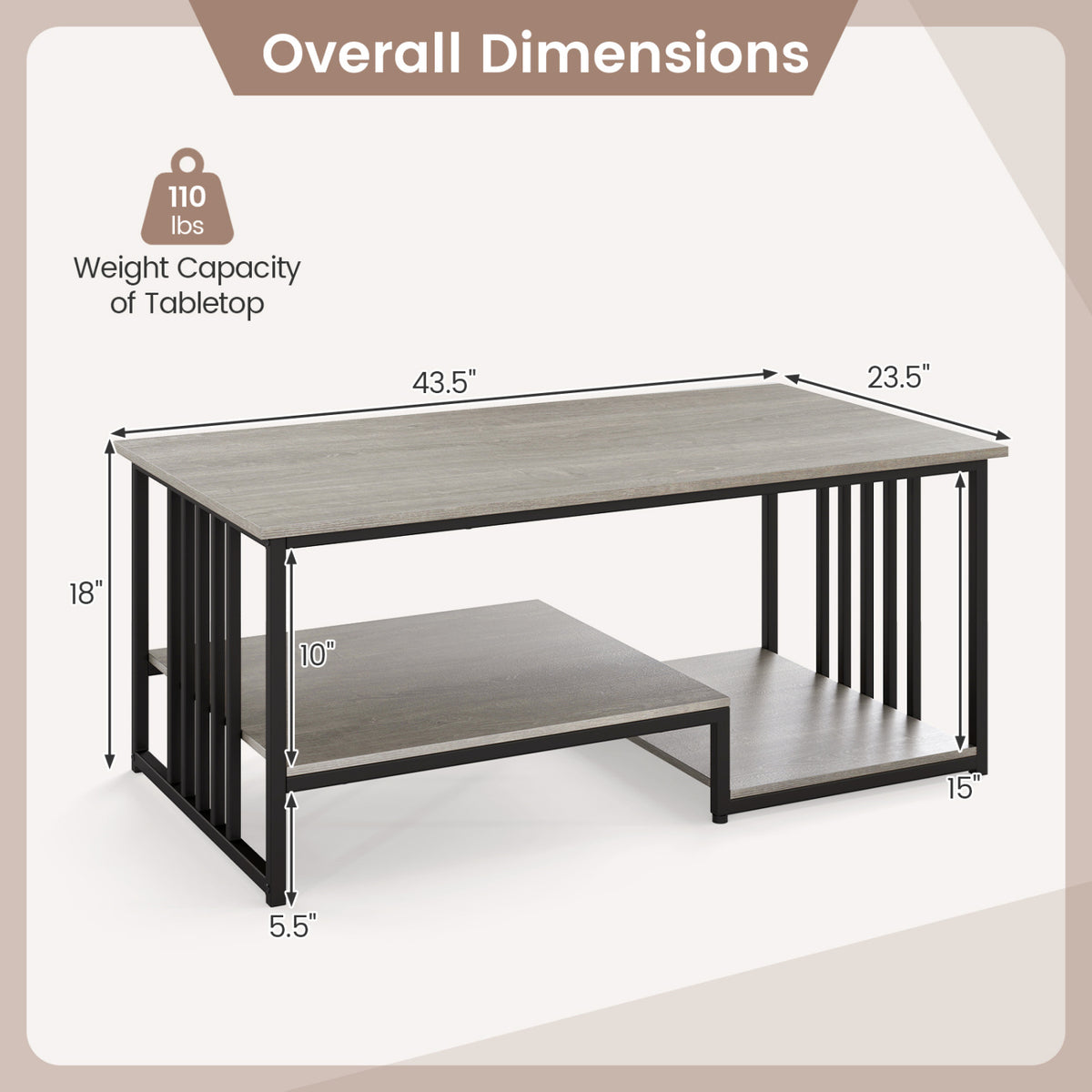 43.5" Coffee Table 2-Tier with Open Storage Shelf-Oak