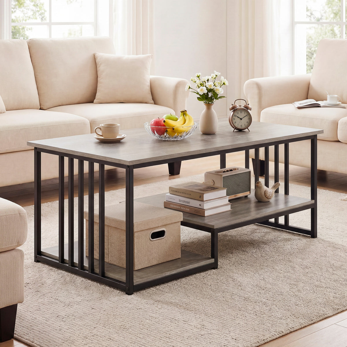 43.5" Coffee Table 2-Tier with Open Storage Shelf-Oak
