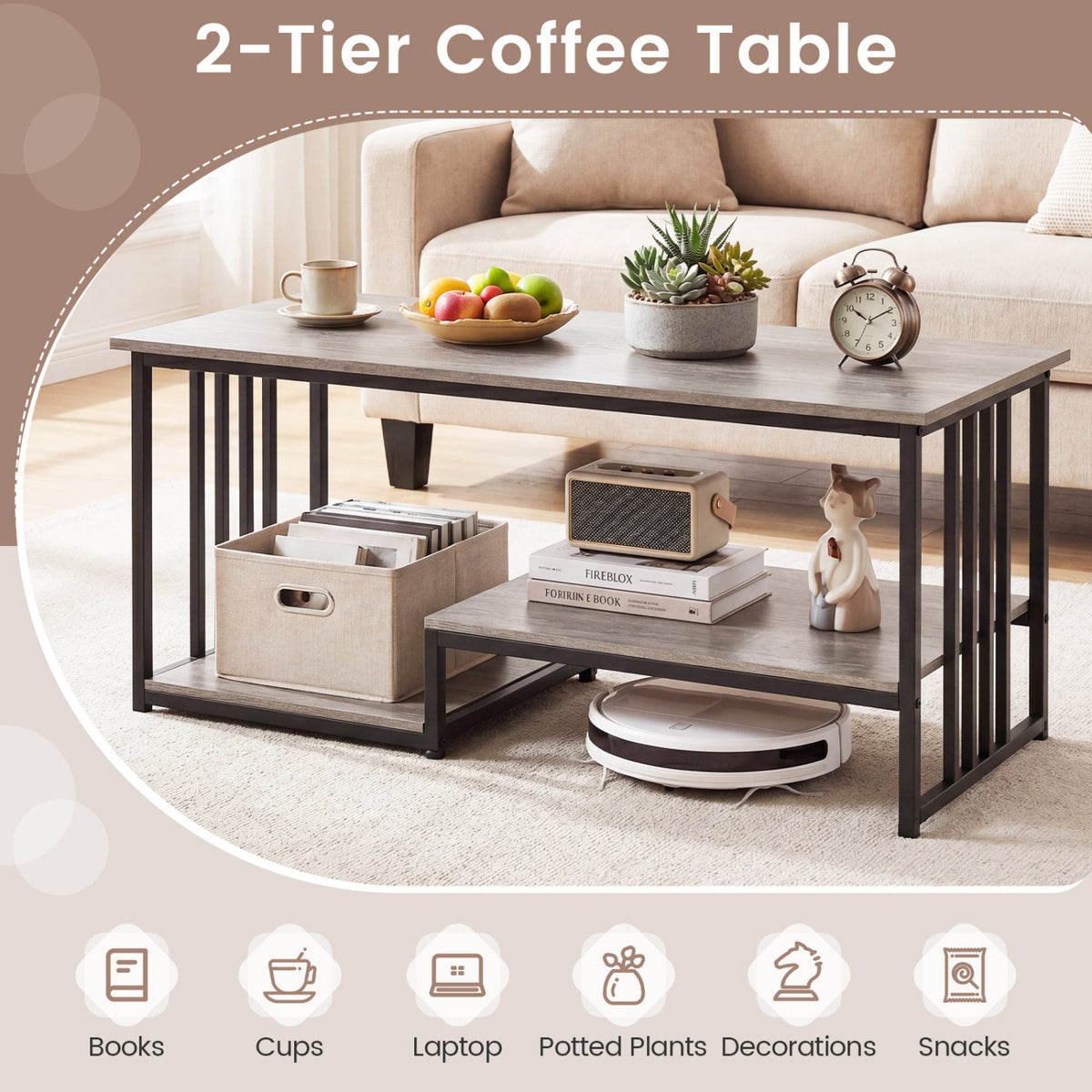 43.5" Coffee Table 2-Tier with Open Storage Shelf-Oak