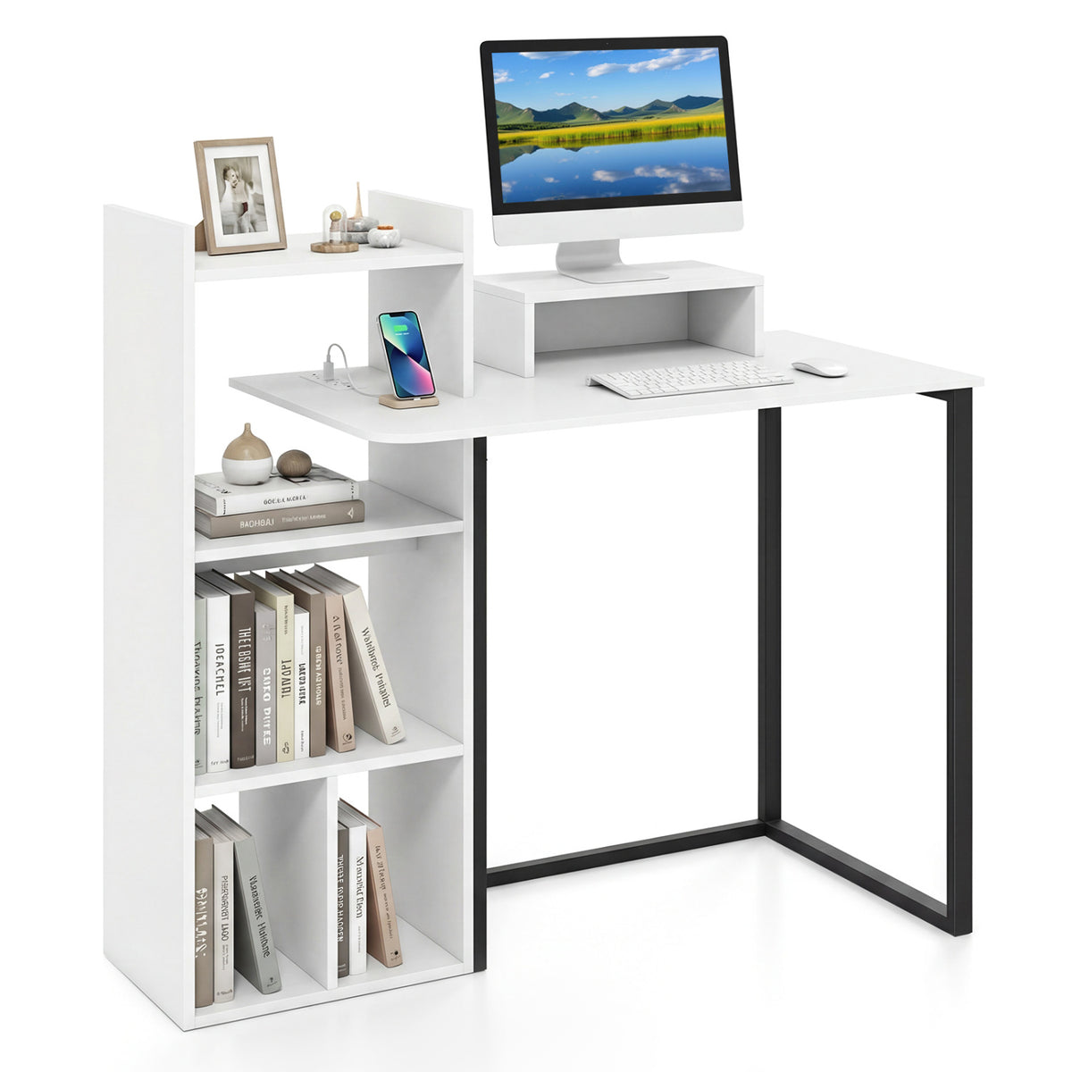 43.5" Computer Desk with Charging Station and Ergonomic Monitor Stand-White