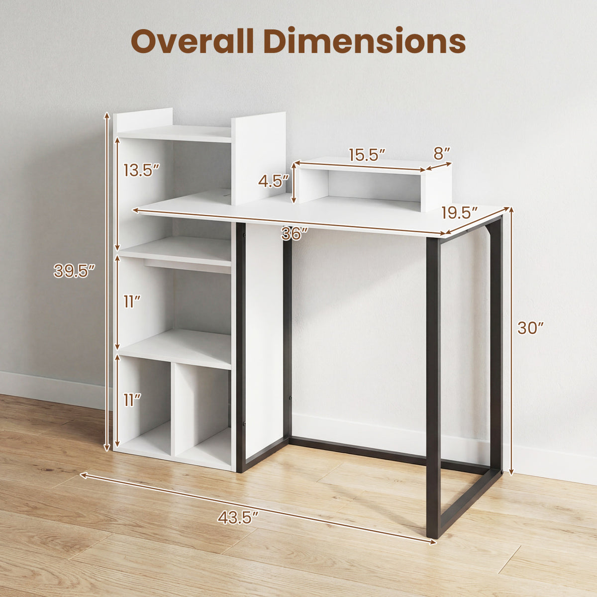 43.5" Computer Desk with Charging Station and Ergonomic Monitor Stand-White