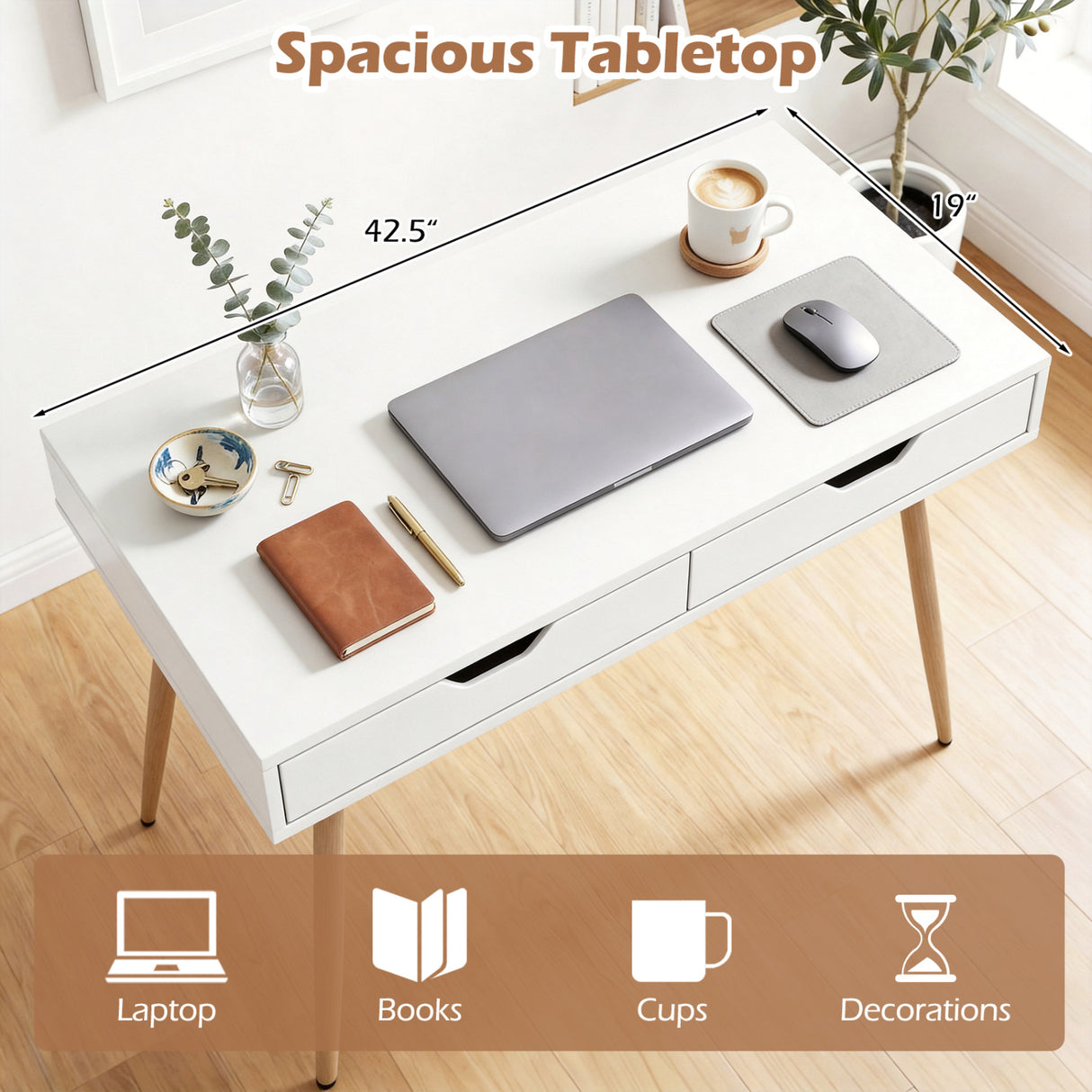 43.5 Inch Computer Desk with 2 Drawers for Small Spaces-White