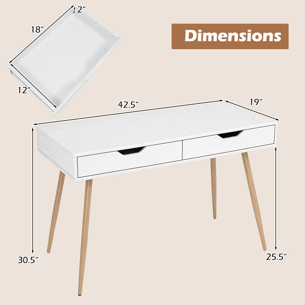 43.5 Inch Computer Desk with 2 Drawers for Small Spaces-White